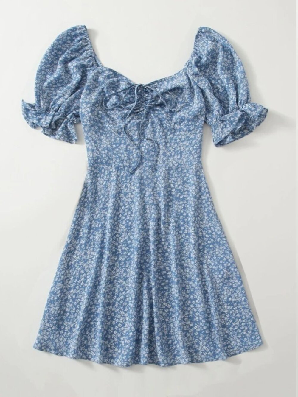 Ditsy Floral Drawstring Front Puff Sleeve Dress